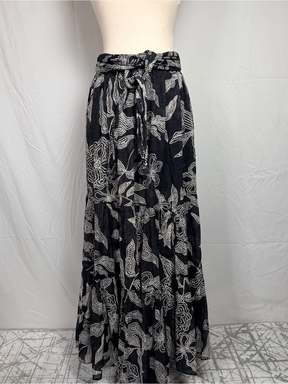 Free People Black and White Floral Tie-Waist Maxi Skirt, boho, prairie,hippie